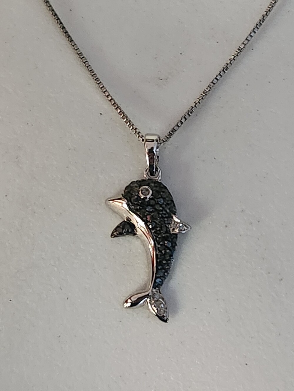 Sterling Silver Black Cubic Zirconia Diamond Dolphin Pendant Necklace